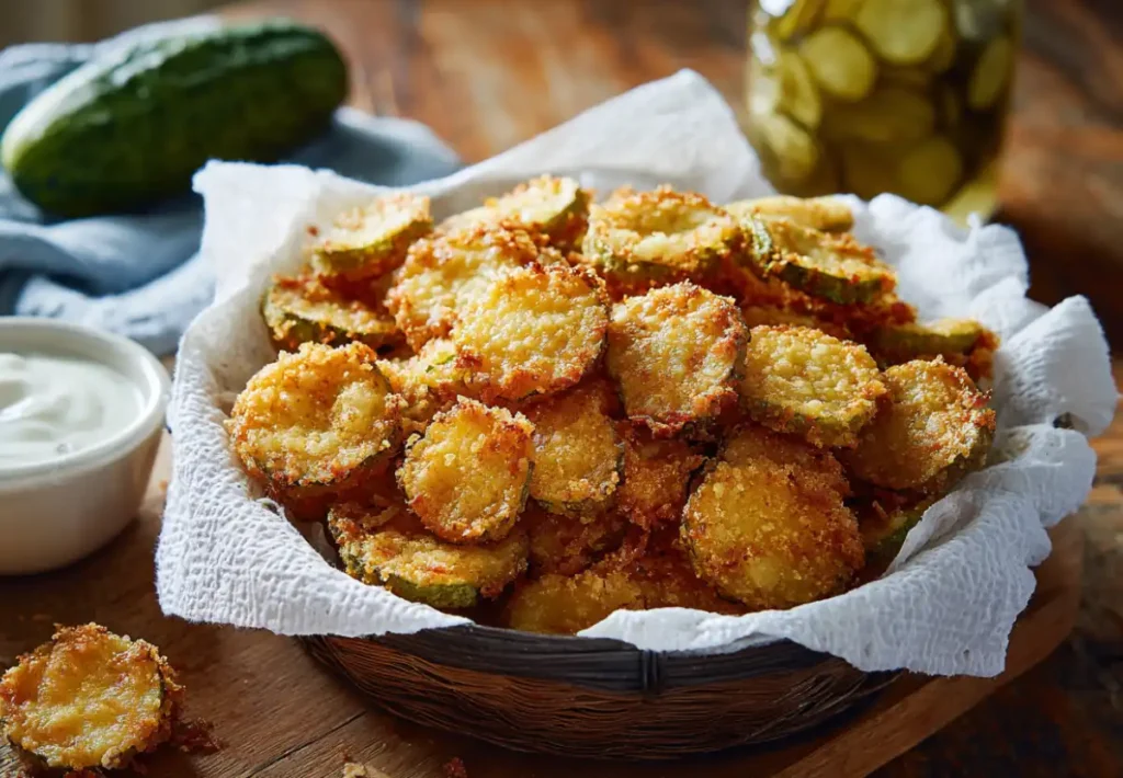 Crispy Air Fryer Fried Pickles in 10 Minutes for the Perfect Snack 1 Crispy air fryer fried pickles served with ranch dipping sauce on a rustic plate