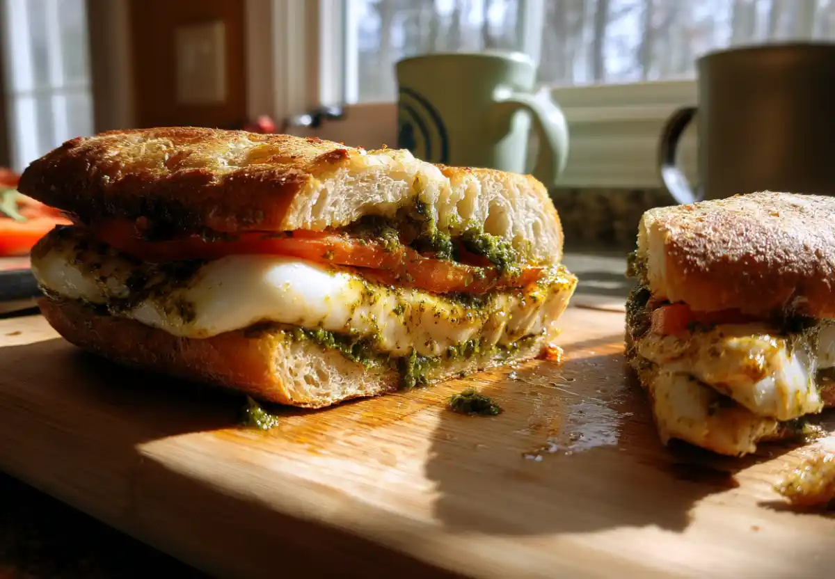 Chicken Pesto Caprese Sandwich Recipe 9 Homemade chicken pesto caprese sandwich sliced in half on a wooden cutting board, mozzarella cheese melting with pesto and tomato, artisan bread, crumbs and a slight mess, sunlight from a kitchen window, coffee mugs in the background, real kitchen scene