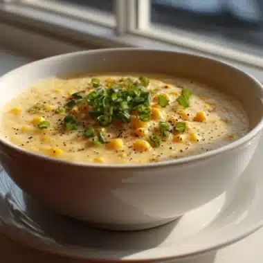 How to Make Creamy Corn Chowder Like a Pro 7 A bowl of creamy corn chowder with fresh herbs, served warm in a rustic setting