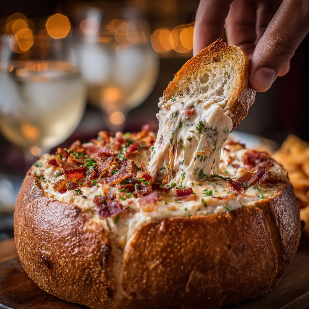 I'm Obsessed With This Million Dollar Boat Dip Recipe 1 u3316835771 Close up of a hand dipping a toasted baguette sli 6ebb0316 38e5 43bc a8df 0864ca153207 2 compressed 1