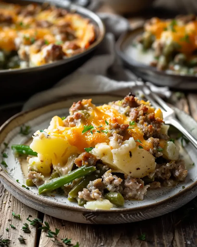 Sausage Green Bean Potato Casserole I’m Making This Again Tonight 1 u3316835771 Overhead shot of a hearty serving of sausage gree 48db05d2 5a26 4680 a663 62fa4e6d3e4a 1 compressed