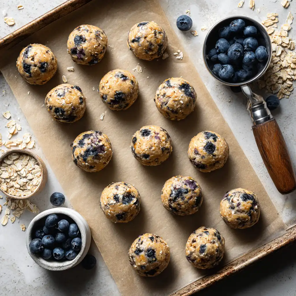 I’m Obsessed With These Blueberry Cheesecake Protein Bites 1 u3316835771 Overhead shot of a parchment lined baking sheet w fed1002a ee1d 477a b64e 46e2ac9d1326 1 compressed