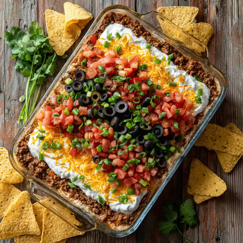 Boat Taco Dip is the ONLY party snack you'll ever crave 1 u3316835771 Overhead shot of a rectangular glass baking dish 7fdeefe9 acd2 45cd 8033 ba0ea86c26f9 0 compressed