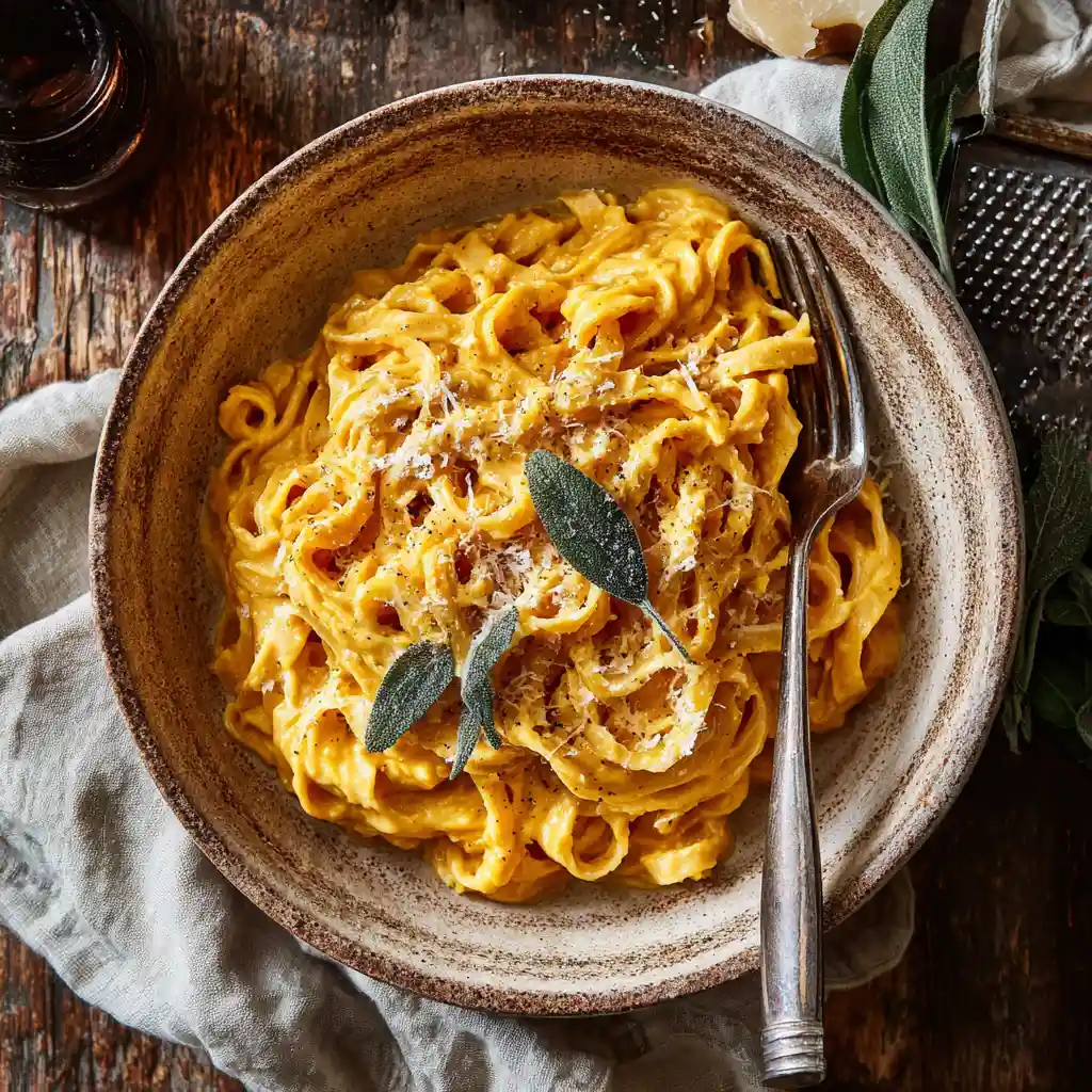 Pumpkin Alfredo Pasta I'm Obsessed With for Cozy Fall Dinners 1 u3316835771 Overhead shot of a rustic ceramic bowl filled wit 12875d5f 140e 4786 99d4 c228ff78a0d1 1 compressed