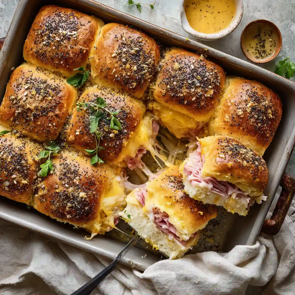 Ham and Cheese Sliders I'M Obsessed With These Gooey Melty Bites 1 u3316835771 Prompt Close up overhead shot of freshly baked ha 39aa9974 a2d4 41fd 8645 2069bf8f5939 2 compressed
