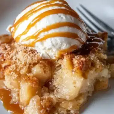 Caramel Apple Dump Cake 2 Delicious caramel apple dump cake topped with caramel sauce and apple slices.