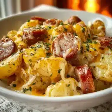 Cheesy Ranch Potatoes and Smoked Sausage 4 Delicious Cheesy Ranch Potatoes with Smoked Sausage served on a plate