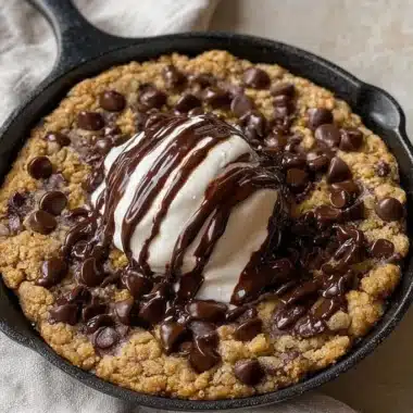 Delicious Chocolate Chip Skillet Cookie served warm from the oven