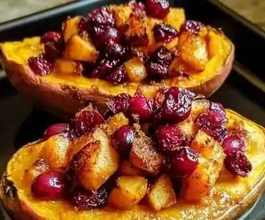 Indulge in Cranberry Apple Twice-Baked Sweet Potatoes This Fall! 2 Delicious cranberry apple twice-baked sweet potatoes garnished for fall