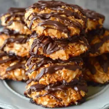 No Bake Samoa Cookies with chocolate, coconut, and caramel on a plate.