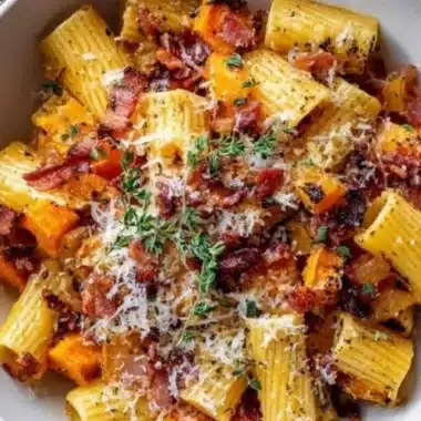Delicious Pumpkin Pasta with Bacon and Caramelized Onions garnished with herbs