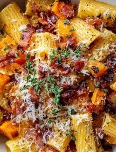 Delicious Pumpkin Pasta with Bacon and Caramelized Onions garnished with herbs