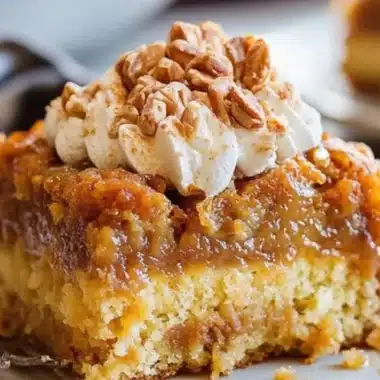 Pumpkin Dump Cake 2 Slice of homemade Pumpkin Dump Cake garnished with whipped cream