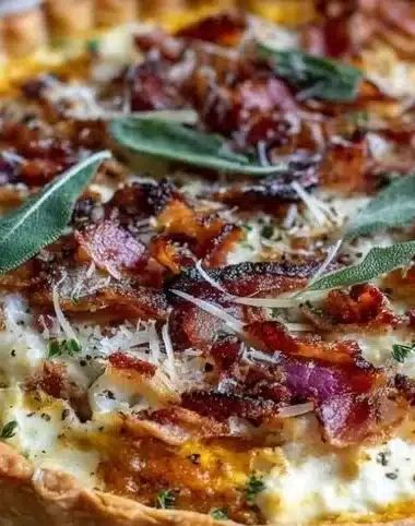 Pumpkin tart with ricotta, caramelized onions, bacon, and sage