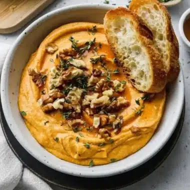 Pumpkin whipped feta dip served in a bowl with herbs and crackers
