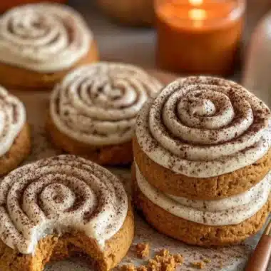 Soft Pumpkin Cookies: The Best Recipe with Cream Cheese Frosting 2 Soft pumpkin cookies with cream cheese frosting on a plate