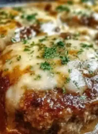 Amish Hamburger Steak Bake served with vegetables and gravy