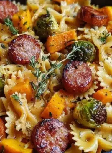 Delicious Autumn Sausage Pasta served with squash, perfect for fall meals.