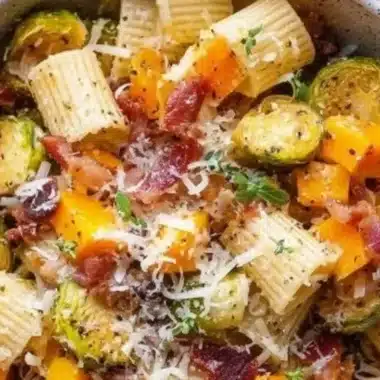 Bacon pasta with Brussels sprouts and butternut squash in a creamy sauce
