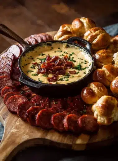 Delicious beer cheese dip with crispy bacon served in a bowl