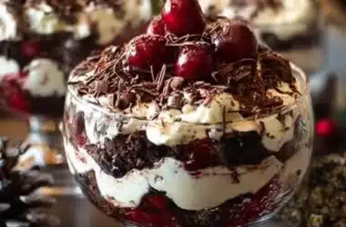 Delicious Black Forest Trifle layered with chocolate and cherries for Christmas dessert