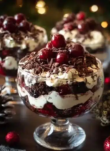 Delicious Black Forest Trifle layered with chocolate and cherries for Christmas dessert