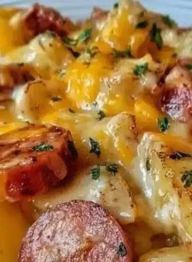 Cheesy ranch potatoes with smoked sausage served in a bowl