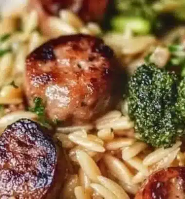Chicken sausage served with broccoli orzo for a healthy meal
