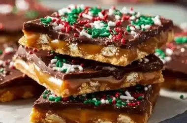 Delicious homemade Christmas Crack with chocolate and toffee layers.