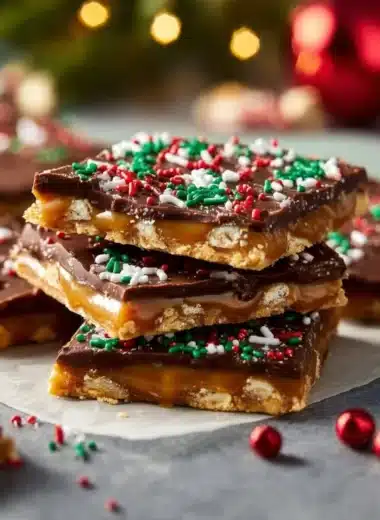 Delicious homemade Christmas Crack with chocolate and toffee layers.