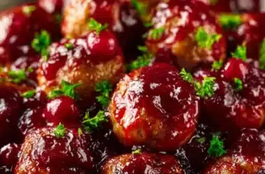 Delicious Christmas Cranberry Meatballs served on a festive platter.