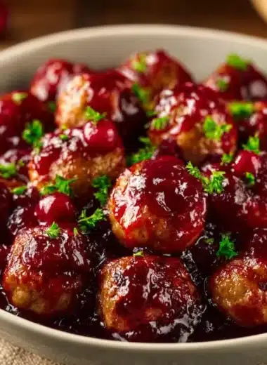 Delicious Christmas Cranberry Meatballs served on a festive platter.