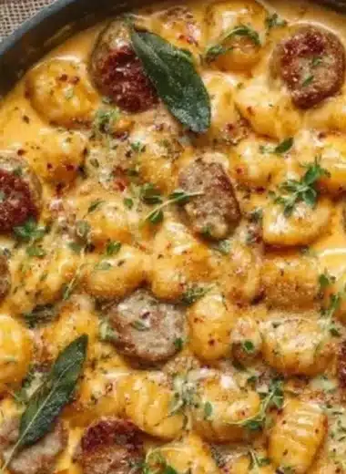 Creamy butternut squash gnocchi served with sausage in a bowl
