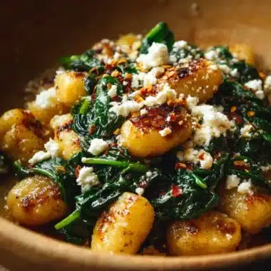 Creamy gnocchi with spinach and feta served in a bowl