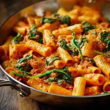Creamy sausage rigatoni with spinach, garlic, and tomato cream sauce in a bowl.