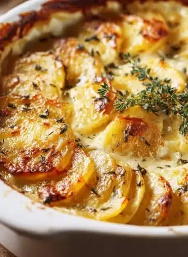 Creamy scalloped potatoes dish topped with cheese and herbs