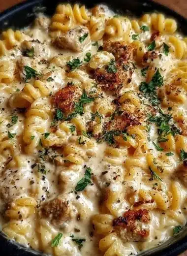 Bowl of Crockpot Garlic Parmesan Chicken Pasta garnished with parsley