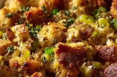 A bowl of delicious Grandma's Thanksgiving stuffing, perfect for the holiday table.