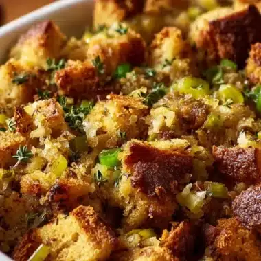 A bowl of delicious Grandma's Thanksgiving stuffing, perfect for the holiday table.