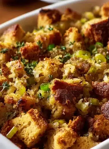 A bowl of delicious Grandma's Thanksgiving stuffing, perfect for the holiday table.