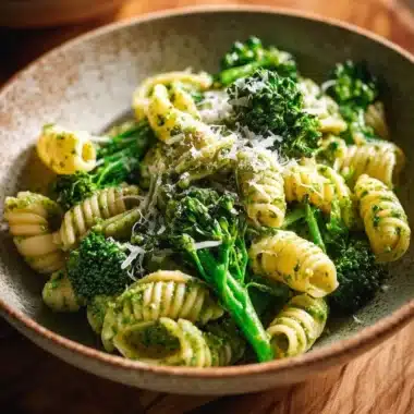 Delicious bowl of easy healthy broccoli pasta topped with parmesan cheese.