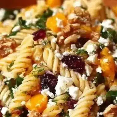 Bowl of Fall Harvest Pasta Salad with seasonal vegetables and dressing