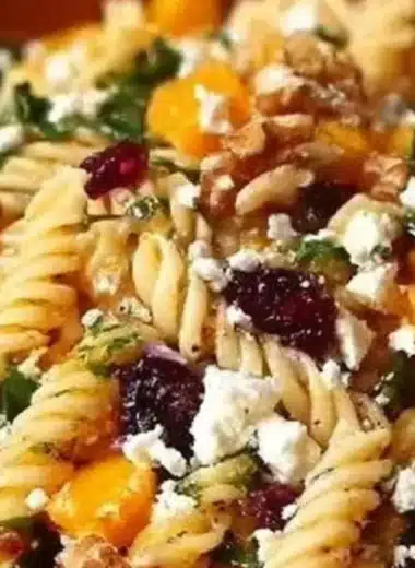 Bowl of Fall Harvest Pasta Salad with seasonal vegetables and dressing