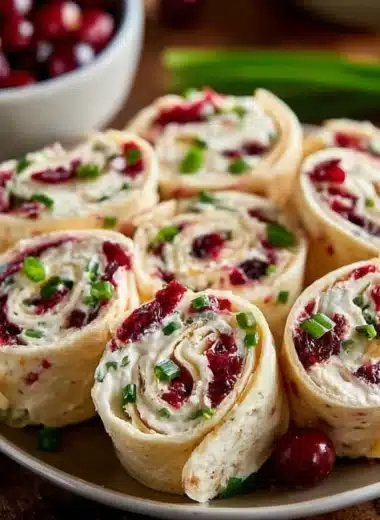 Festive Christmas Cranberry Roll Ups on a serving platter decorated for the holidays.