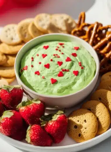 Festive Grinch Dip served in a bowl, perfect for holiday celebrations.