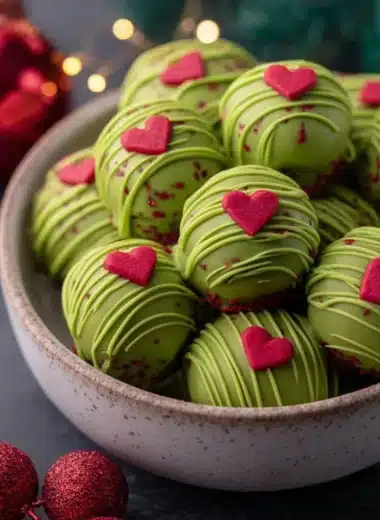 Delicious Grinch Oreo Balls made with Red Velvet Oreos for the holiday season.