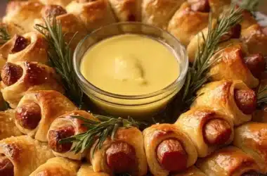 Platter of Holiday Pigs in a Blanket served during a festive celebration.