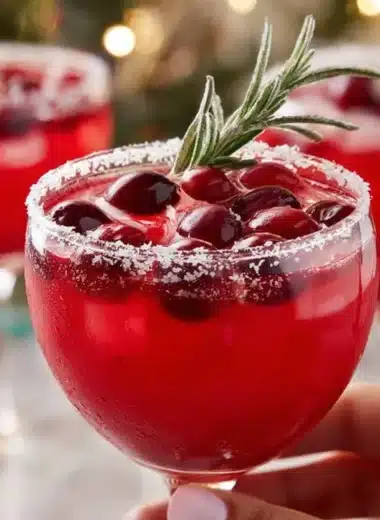 Close-up of a festive Mistletoe Margarita cocktail garnished with lime and mistletoe