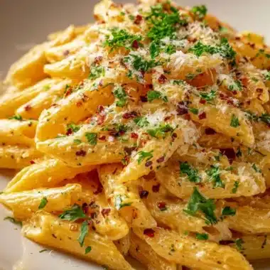 Delicious bowl of creamy garlic pasta garnished with herbs