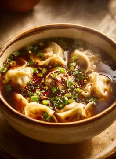 Bowl of delicious potsticker soup with vegetables and dumplings